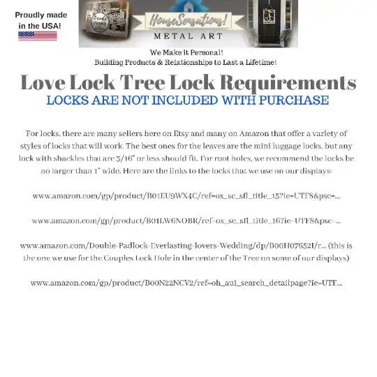 Product instruction sheet with lock requirements and Amazon purchase links, branded packaging insert design, custom metal sign assembly guide, modern industrial layout on wood background