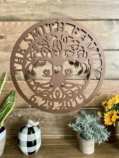 Personalized tree metal wall art on wood backdrop, custom powder coated metal sign, rustic farmhouse décor, modern outdoor home accent design