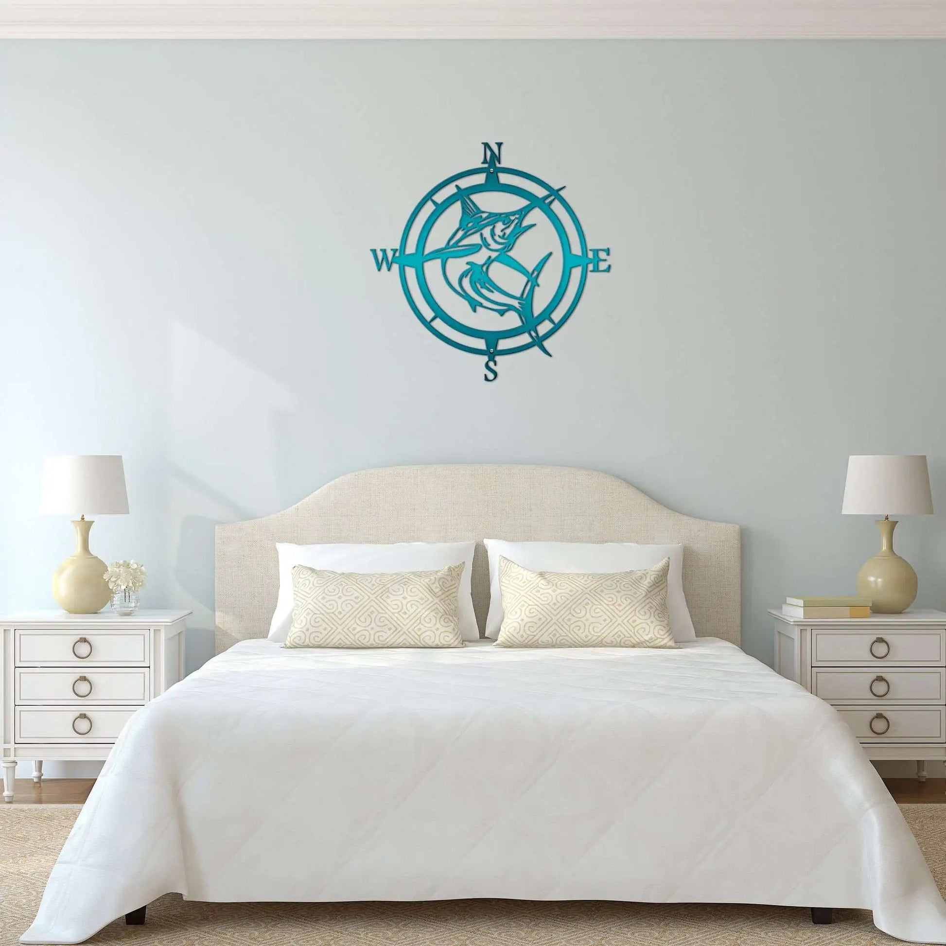 Personalized Marlin Compass Metal Wall Decor - Personalized Nautical Wall Art, Family Name & Date - Indoor Outdoor Metal Decor, Housewarming or Wedding Gift for Couples - HouseSensationsArt
