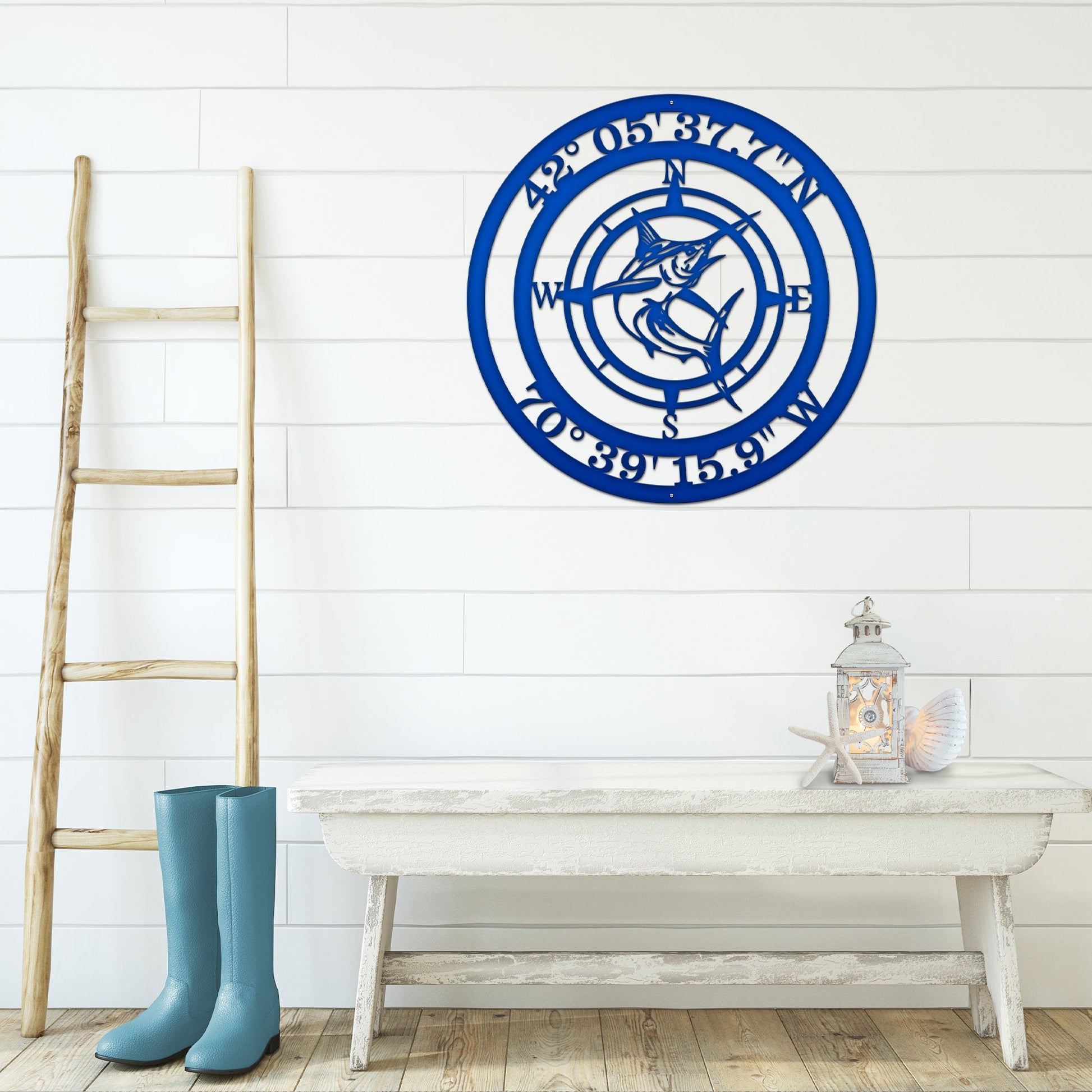 Personalized marlin metal wall art featuring compass and custom GPS, ideal for coastal homes