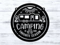 Circular metal sign featuring a camping-themed design with text, displayed on a white wooden background, highlighting rustic style and durable decorative craftsmanship.