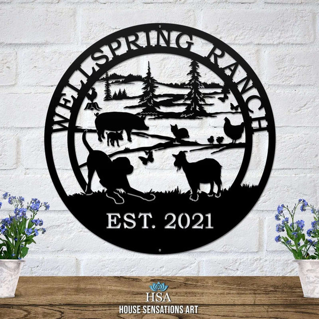 Personalized farm sign with barn animals in laser cut metal, great gift for hobby farmers.