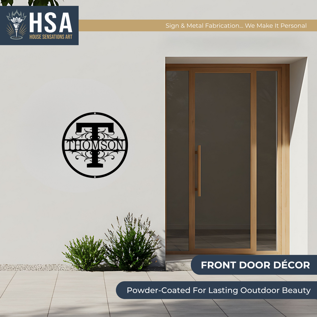 Wall-mounted “Thomson” front door décor on a white wall, featuring HSA logo and text, showcasing personalized family name metal signage for home entryways.