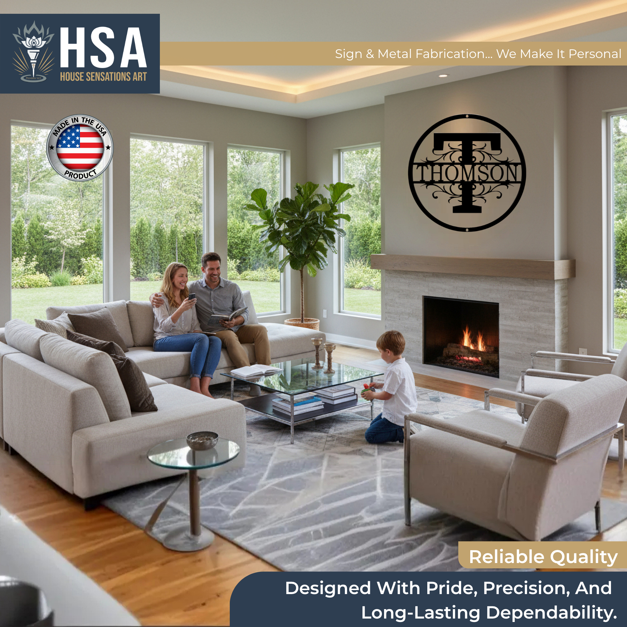 Wall-mounted Custom Round Split Name monogram metal wall art with "Thomson" text in a living room with family and fireplace, showcasing personalized home décor.
