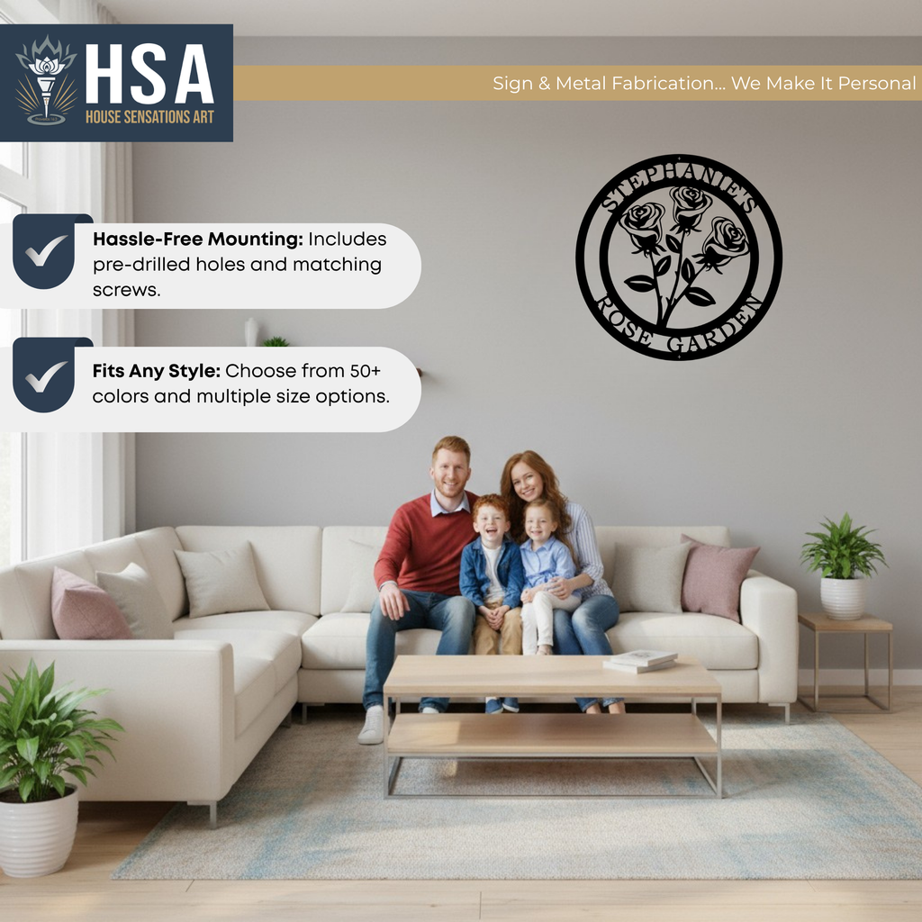 Family sitting on a couch in a living room with a metal wall art piece featuring roses and the text 'Stephanie's Rose Garden'.