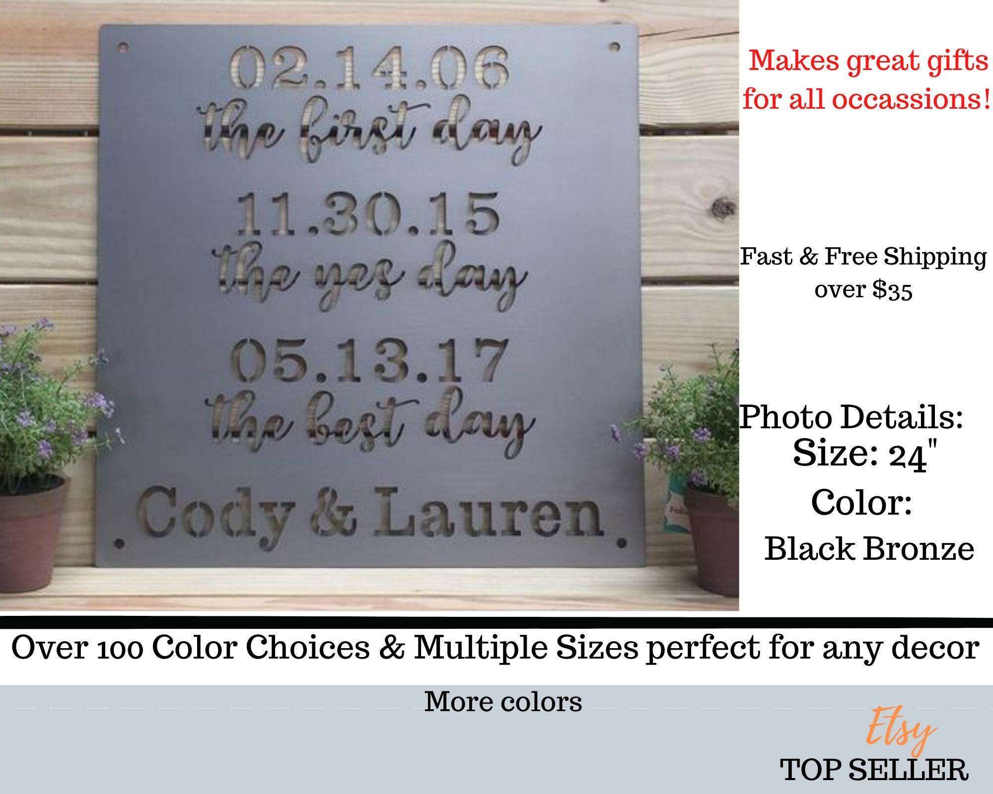 Decorative metal sign featuring engraved dates and names, displayed on a wooden surface with plants, highlighting personalized design, rustic charm, and durable craftsmanship.