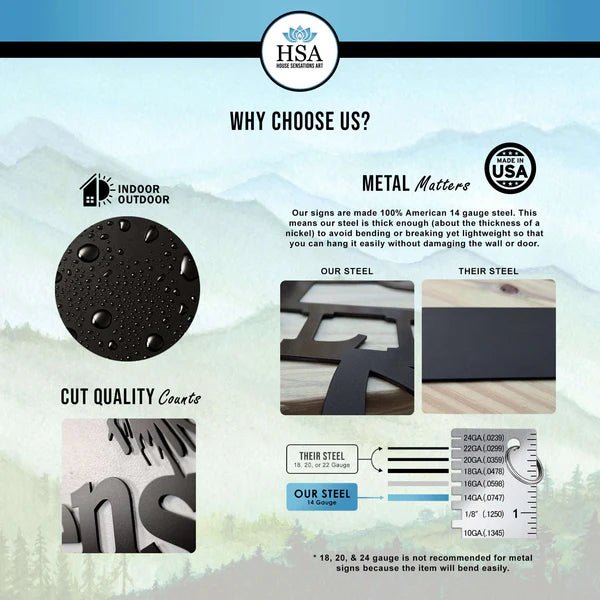 HSA metal sign-making promotional graphic with text and images of metal signs.