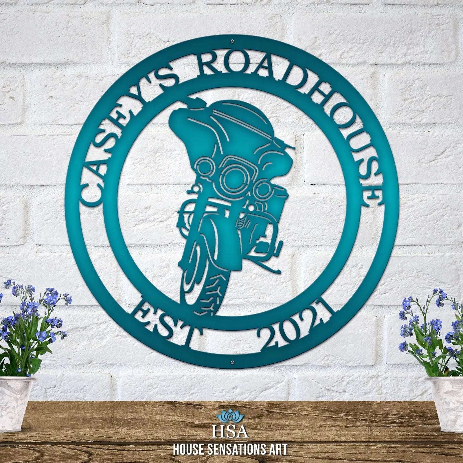 Personalized motorcycle house number sign – weatherproof metal plaque for porch or fence decor