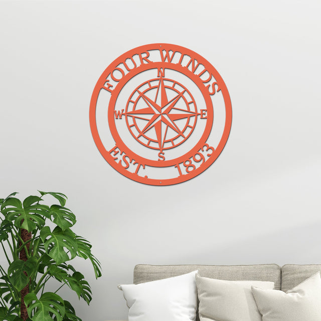 Personalized Name Compass Sign - Personalized Nautical Wall Art, Family Name & Date - Indoor Outdoor Metal Decor, Housewarming or Wedding Gift for Couples Compass Sign House Sensations Art