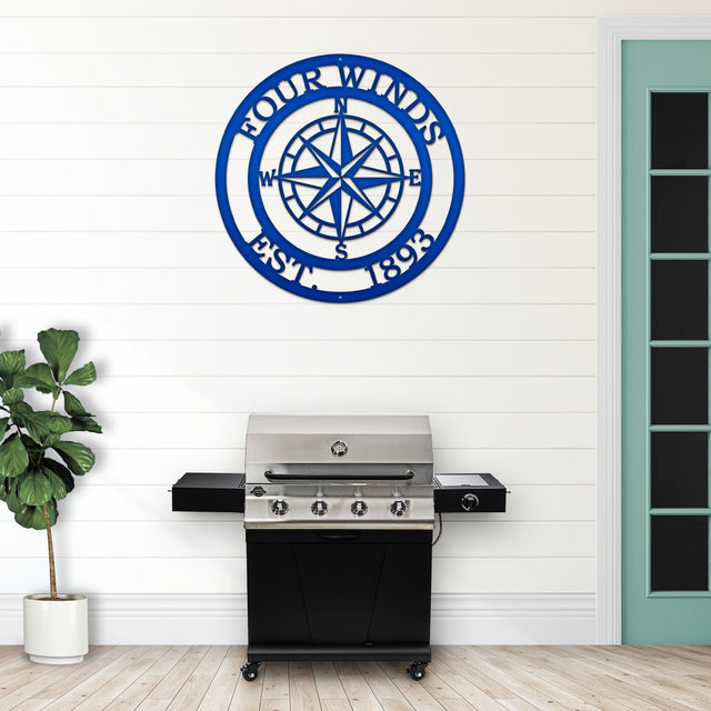 Personalized Name Compass Sign - Personalized Nautical Wall Art, Family Name & Date - Indoor Outdoor Metal Decor, Housewarming or Wedding Gift for Couples Compass Sign House Sensations Art