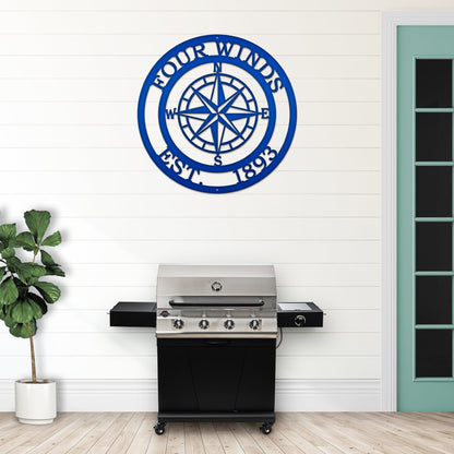 Personalized Name Compass Sign - Personalized Nautical Wall Art, Family Name & Date - Indoor Outdoor Metal Decor, Housewarming or Wedding Gift for Couples - HouseSensationsArt