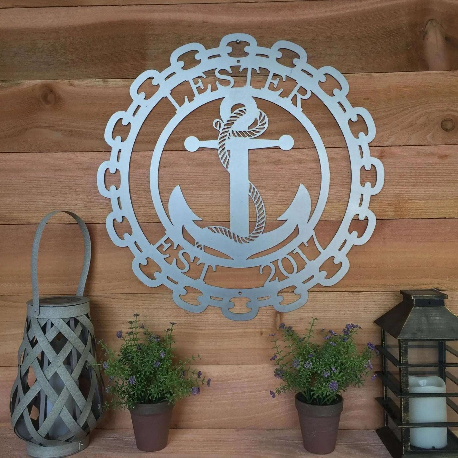 Rustic coastal metal sign featuring anchor and chain with personalized house number for porch or gate