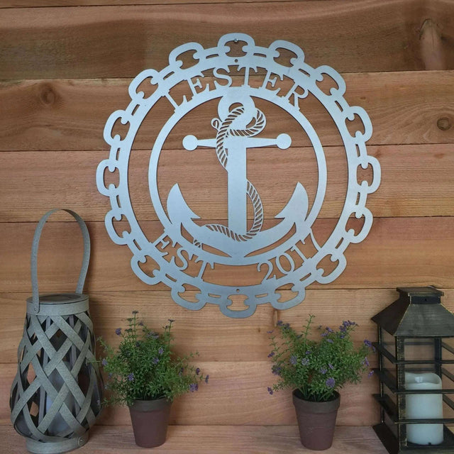 Rustic coastal metal sign featuring anchor and chain with personalized house number for porch or gate