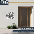 Decorative metal wall art mounted on a white wall next to a glass door, featuring “HSA” branding, highlighting sleek design and durable metal craftsmanship for modern home décor.
