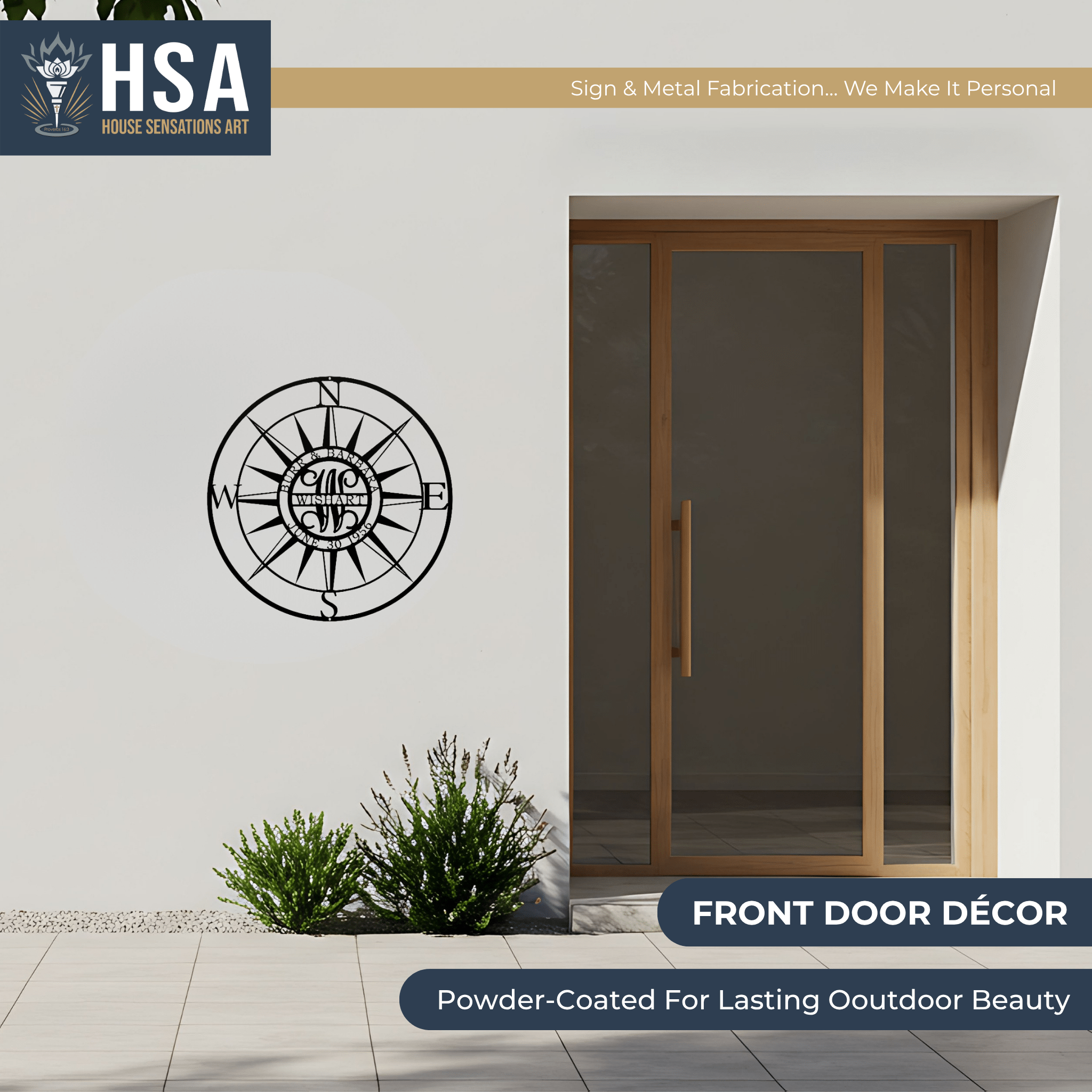 Decorative metal wall art mounted on a white wall next to a glass door, featuring “HSA” branding, highlighting sleek design and durable metal craftsmanship for modern home décor.