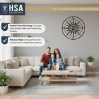 Family sitting on a couch in a living room with a decorative metal wall clock displayed above, featuring “HSA” branding, creating a cozy and stylish home décor setting.
