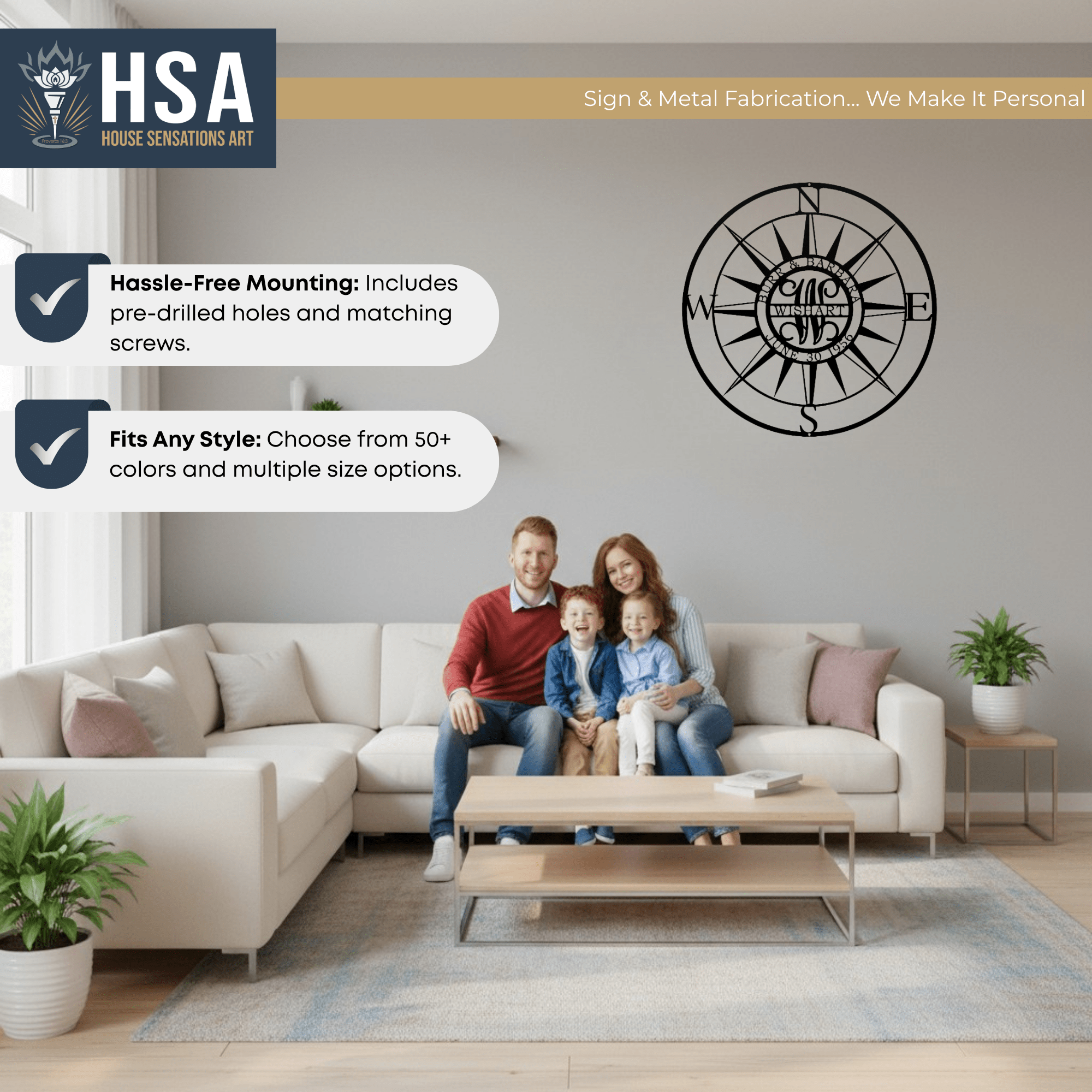 Family sitting on a couch in a living room with a decorative metal wall clock displayed above, featuring “HSA” branding, creating a cozy and stylish home décor setting.