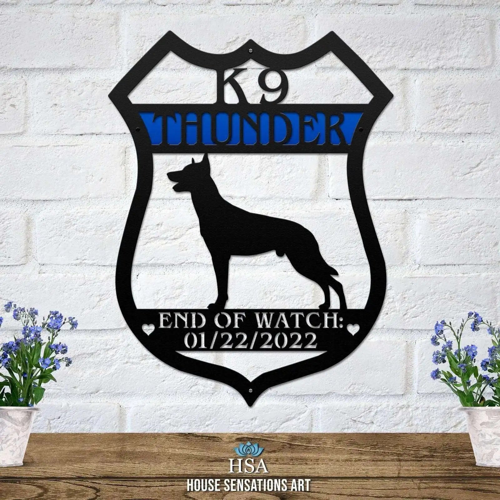 Personalized outdoor address sign – Belgian Malinois K9 badge design for home or cabin