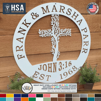 Personalized Personalized Living Tree: Cross Family Metal Wall Decor Name Sign Home Decor, Outdoor Indoor Metal Art, Family Name Sign, Gift Idea - TTS - HouseSensationsArt