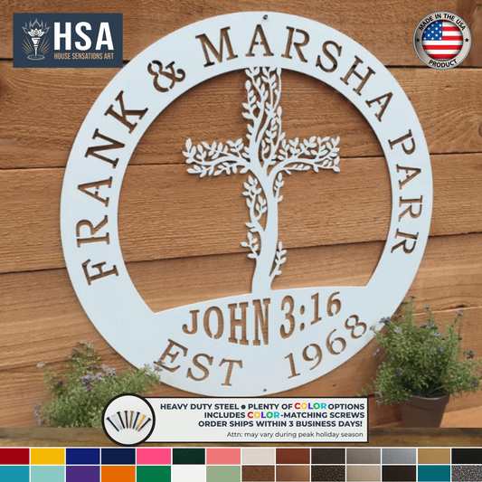 Personalized Personalized Living Tree: Cross Family Metal Wall Decor Name Sign Home Decor, Outdoor Indoor Metal Art, Family Name Sign, Gift Idea - TTS - HouseSensationsArt