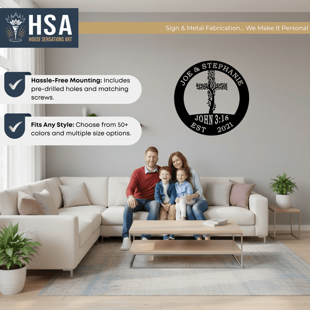 Personalized Personalized Living Tree: Cross Family Metal Wall Decor Name Sign Home Decor, Outdoor Indoor Metal Art, Family Name Sign, Gift Idea - TTS - HouseSensationsArt