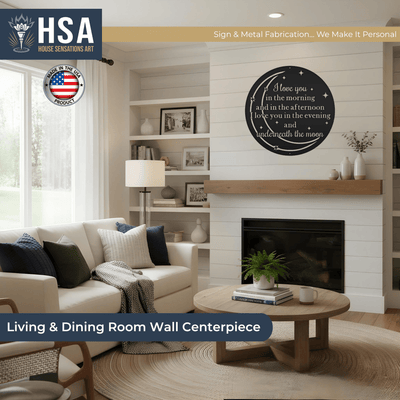 Living room featuring a wall-mounted decorative piece with “HSA” branding, creating a stylish and inviting home décor setting.