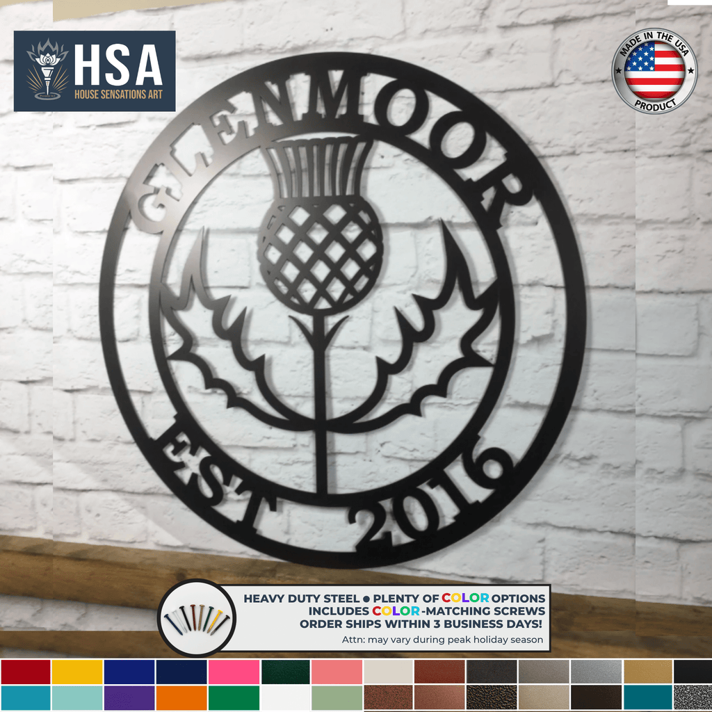 Personalized Scottish Thistle Metal Sign - Custom Family Name Plaque - Heritage Wall Art - Indoor Outdoor Decor Established Sign – Personalized Metal Wall Art - TTS - HouseSensationsArt