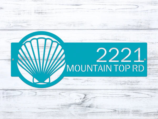 Turquoise Seashell Address Sign with seashell logo on right and house number '2221 MOUNTAIN TOP RD'.