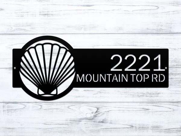 Black Seashell Address Sign with seashell logo on right and house number '2221 MOUNTAIN TOP RD'.