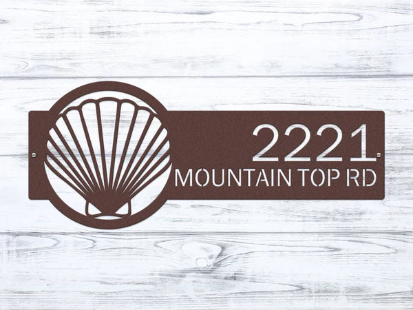 Textured copper Seashell Address Sign with seashell logo on right and house number '2221 MOUNTAIN TOP RD'.