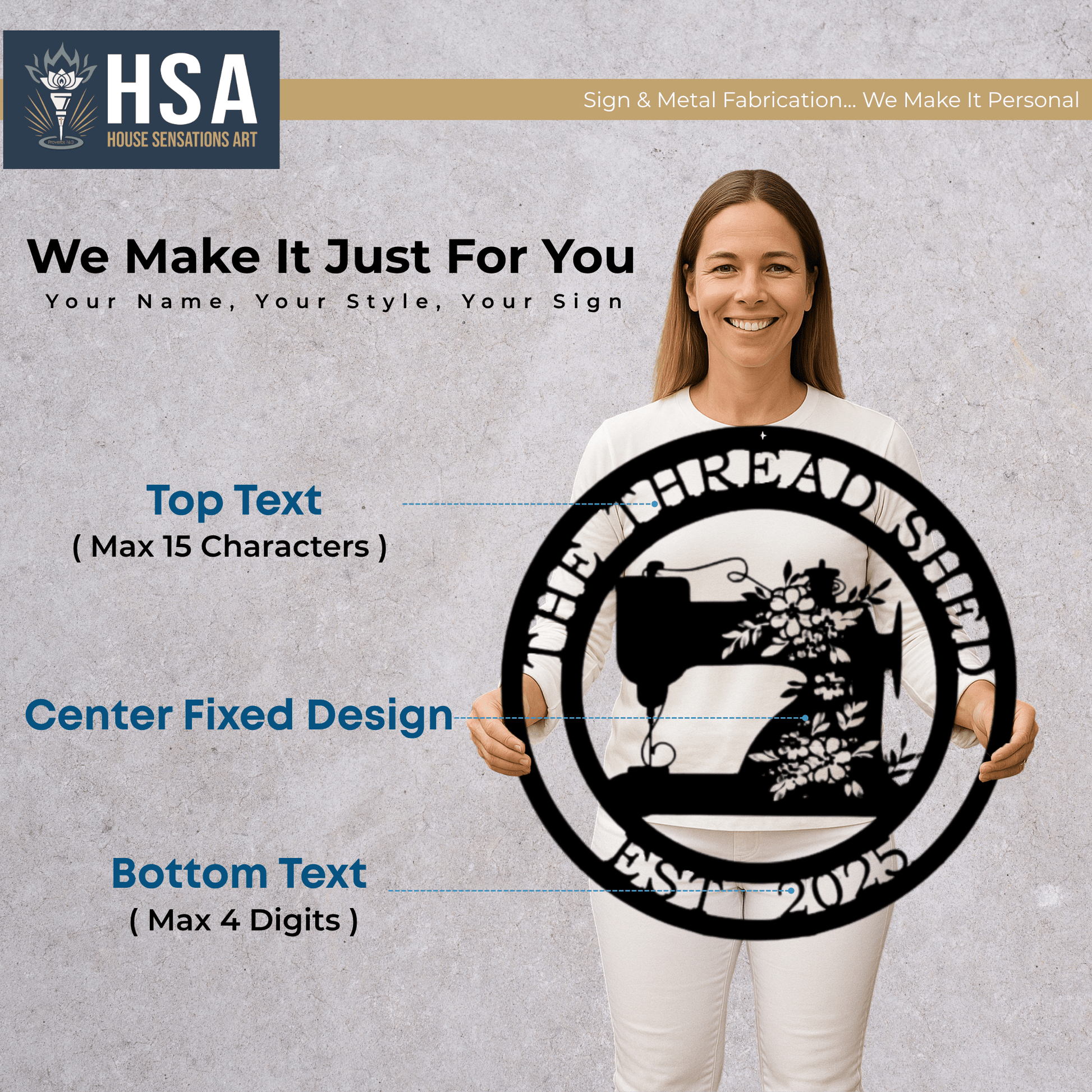 Personalized Sewing Machine Name Sign Metal Wall Decor Art, Quilting Room Decor, Seamstress Gift - TTS - HouseSensationsArt