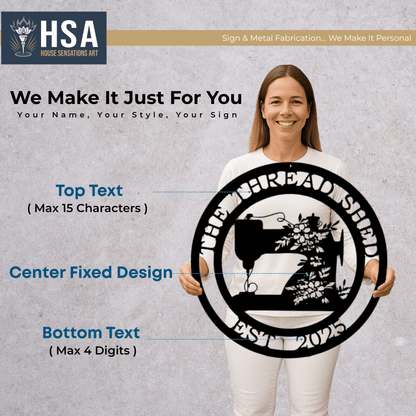 Personalized Sewing Machine Name Sign Metal Wall Decor Art, Quilting Room Decor, Seamstress Gift - TTS - HouseSensationsArt