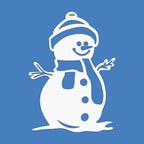 White snowman with blue hat and scarf on blue background, personalized holiday décor sample, festive winter wall or door sign, custom seasonal decoration