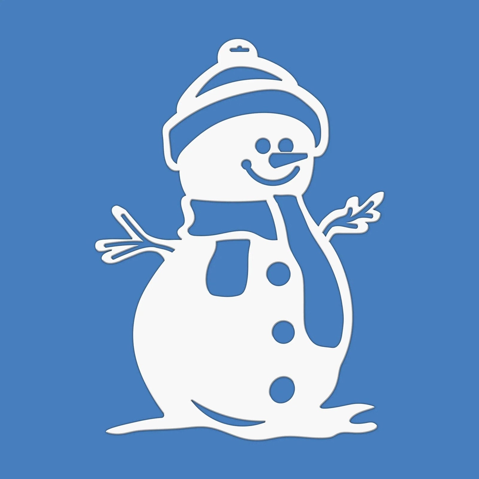 White snowman with blue hat and scarf on blue background, personalized holiday décor sample, festive winter wall or door sign, custom seasonal decoration