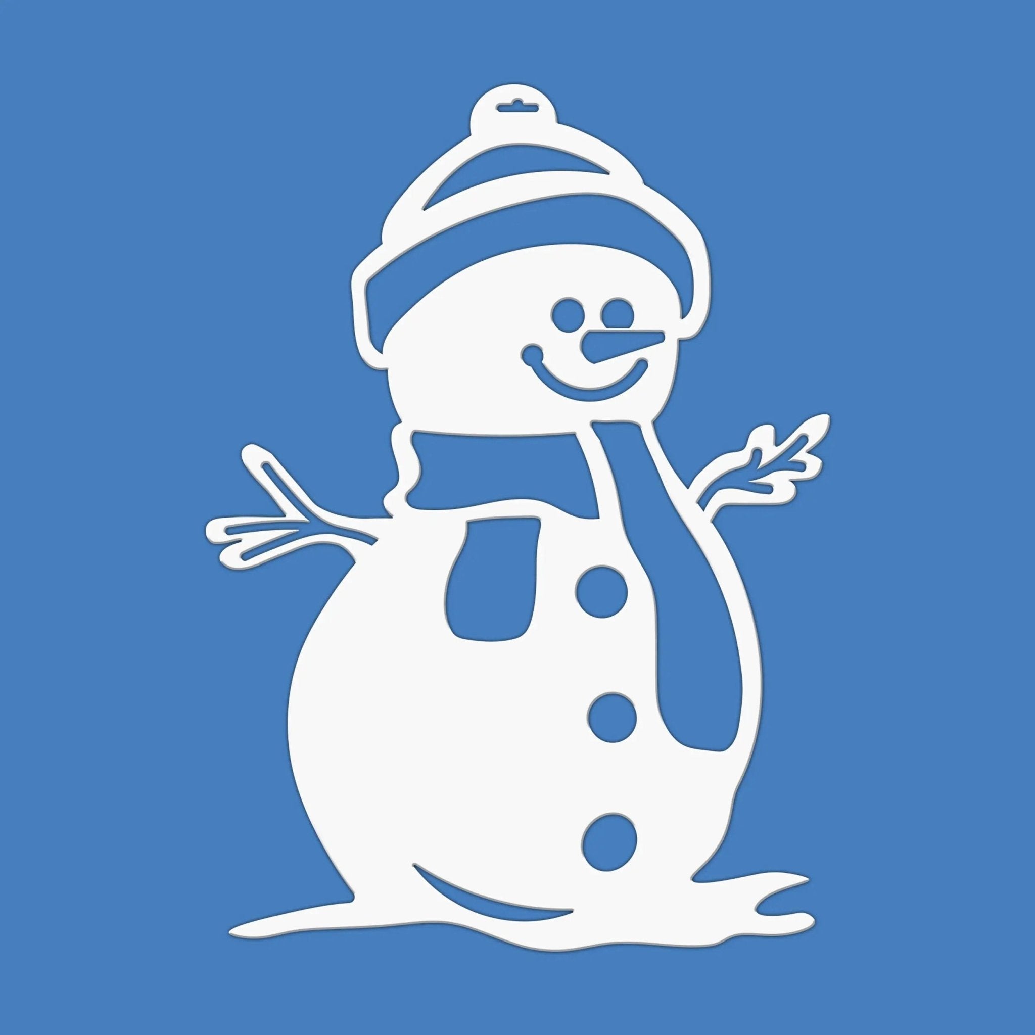 White snowman with blue hat and scarf on blue background, personalized holiday décor sample, festive winter wall or door sign, custom seasonal decoration