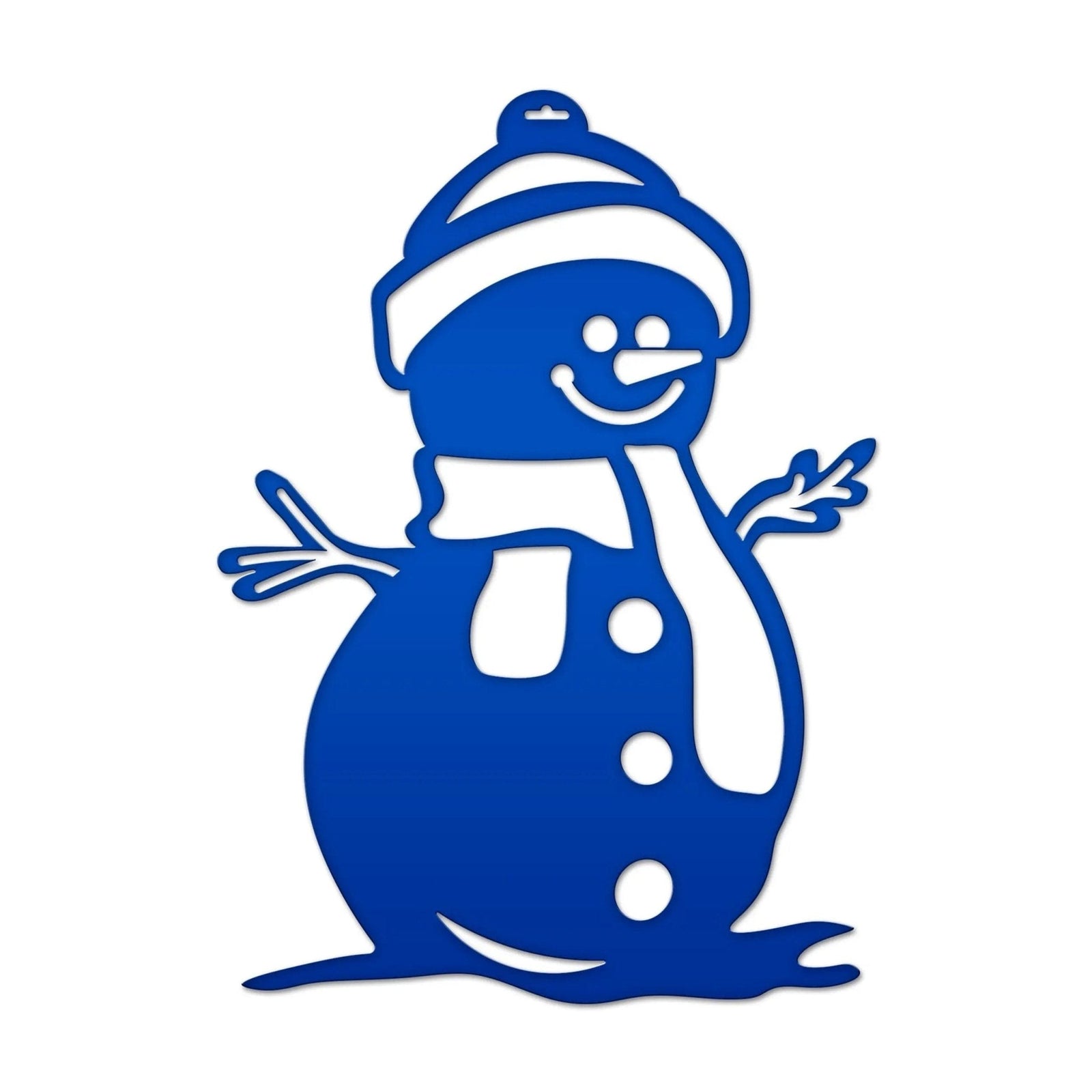 Blue snowman illustration with white hat and scarf on white background, personalized holiday décor sample, festive winter wall or door design