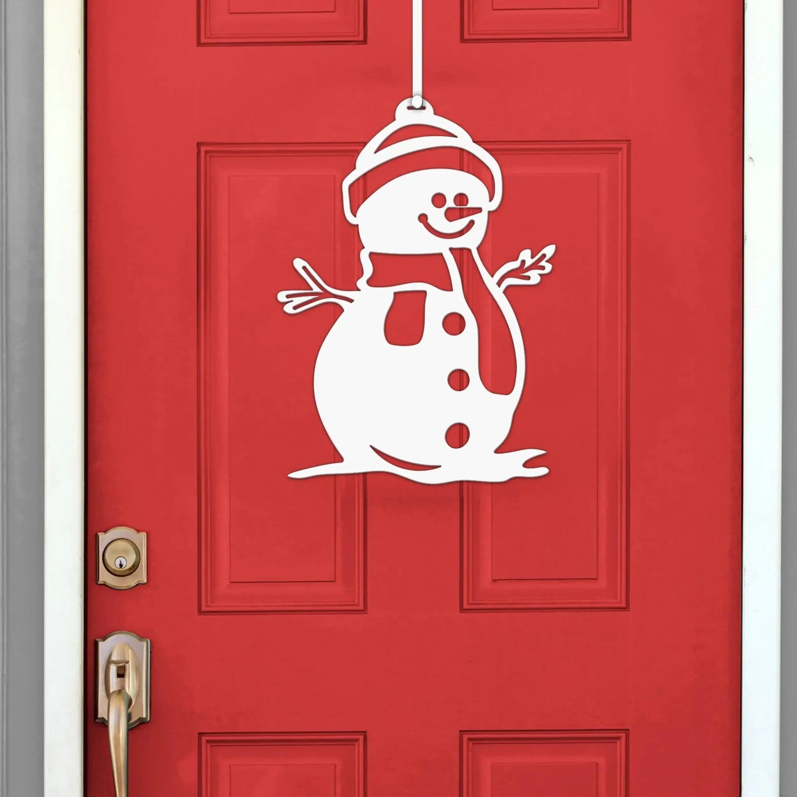 Personalized snowman wreath sign on red front door, Christmas décor, custom winter door hanger, festive outdoor decoration, holiday wall accent