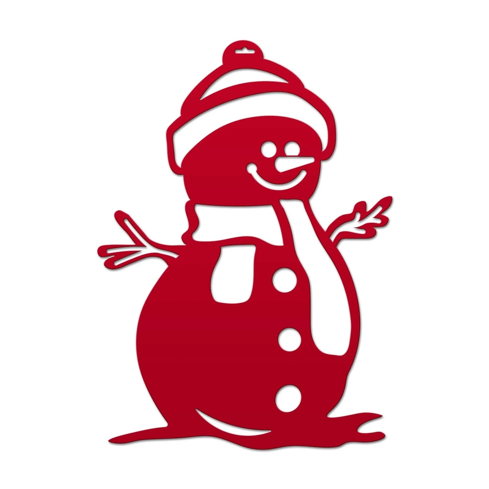 Red snowman cutout on white background, personalized holiday décor sample, festive winter wall or door sign, custom seasonal decoration