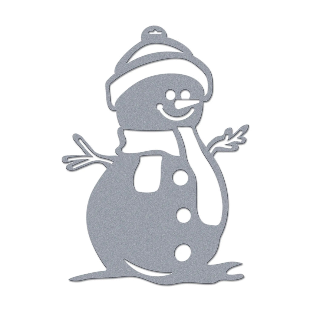 Metallic snowman decoration on white background, personalized holiday décor sample, festive winter wall or door sign, custom seasonal metal ornament