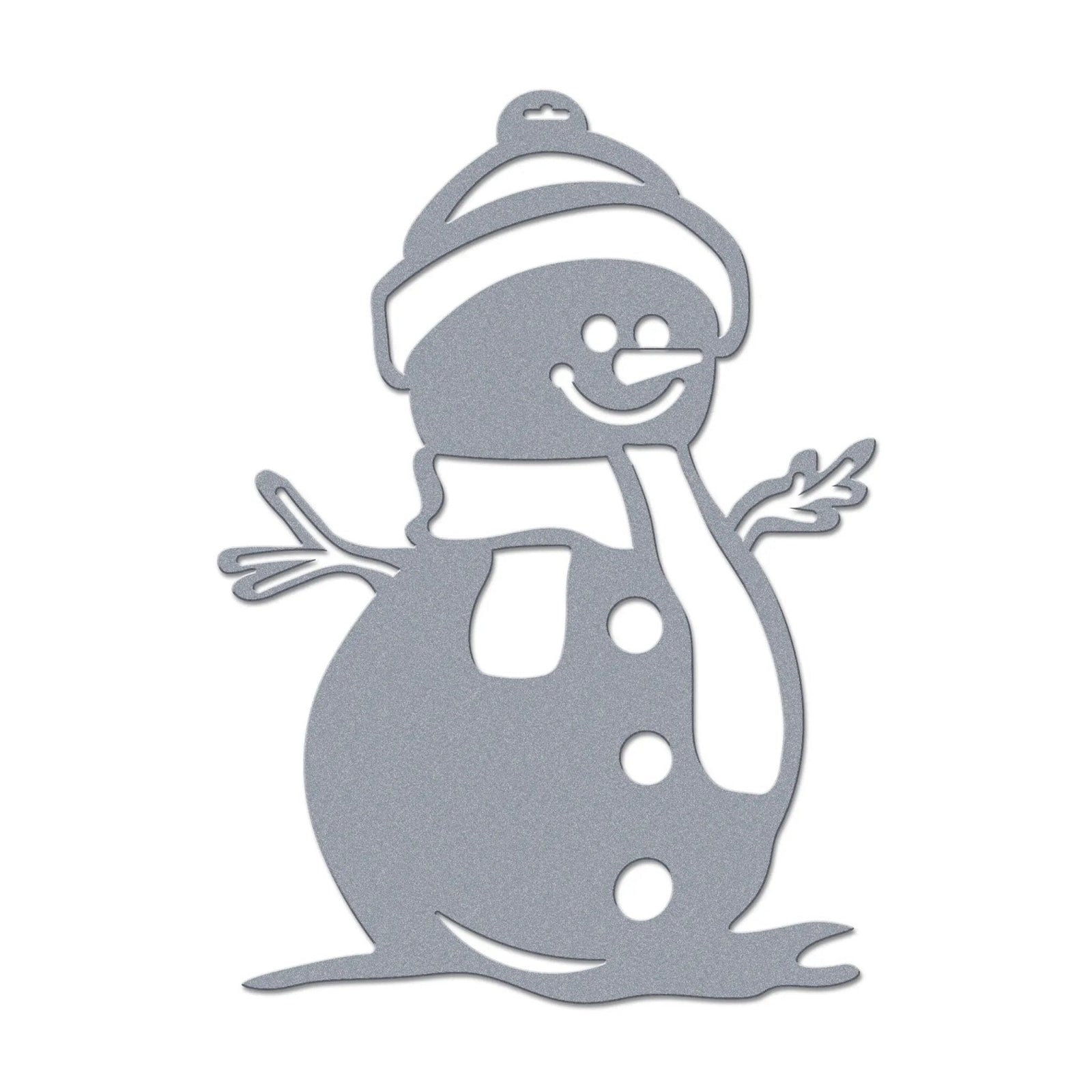 Metallic snowman decoration on white background, personalized holiday décor sample, festive winter wall or door sign, custom seasonal metal ornament