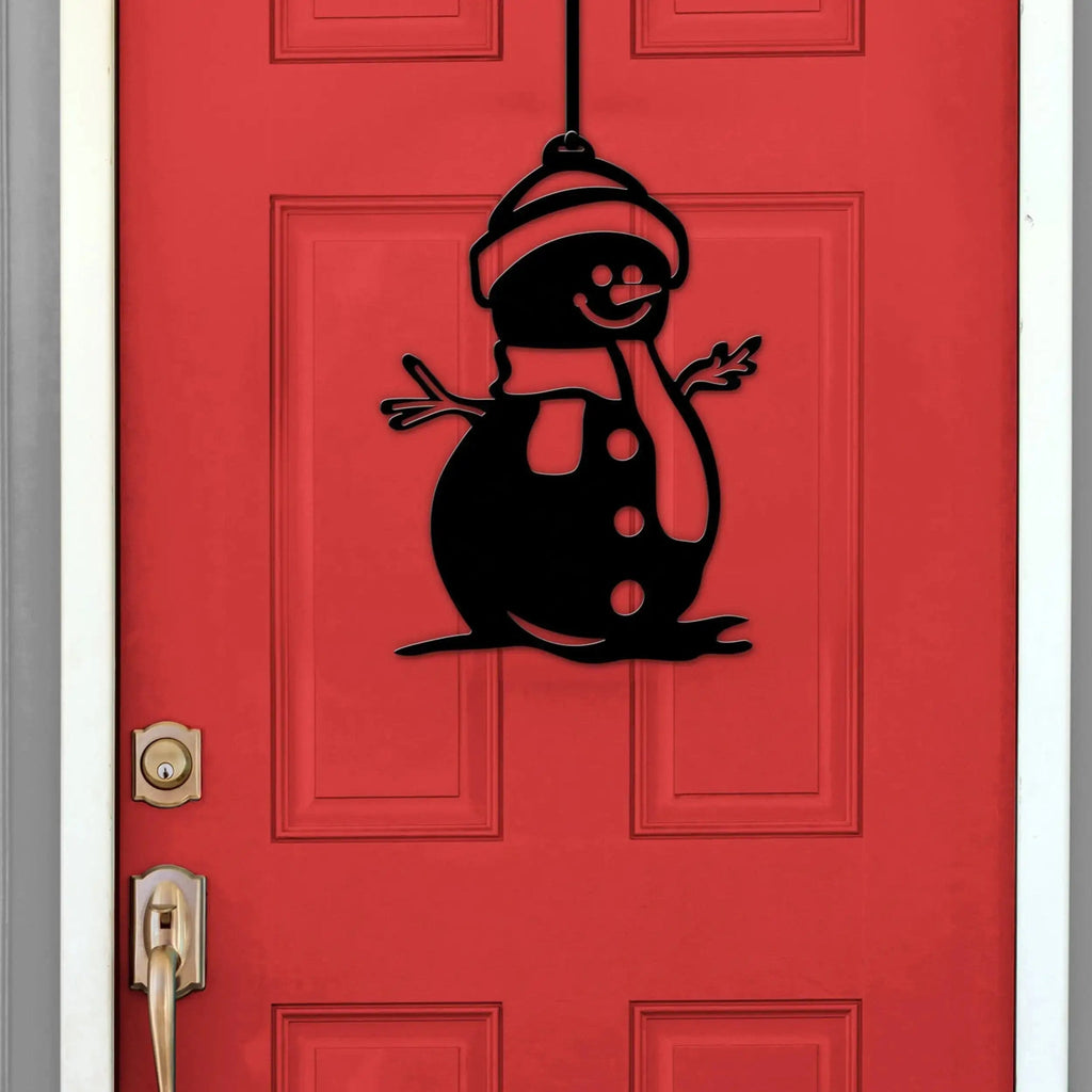Black snowman wreath sign on red front door, personalized Christmas décor, custom winter door hanger, festive outdoor metal sign, holiday decoration