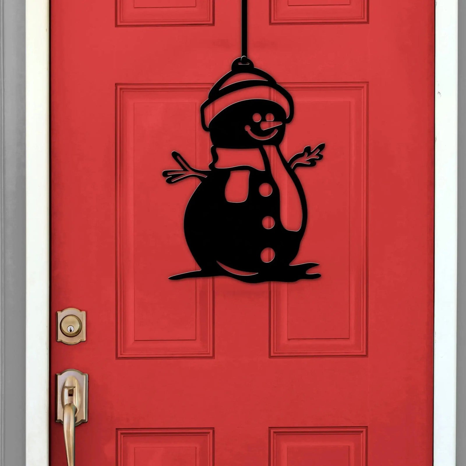 Black snowman wreath sign on red front door, personalized Christmas décor, custom winter door hanger, festive outdoor metal sign, holiday decoration