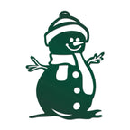 Green snowman with white hat and scarf on white background, personalized holiday décor sample, festive winter wall or door sign, custom seasonal decoration