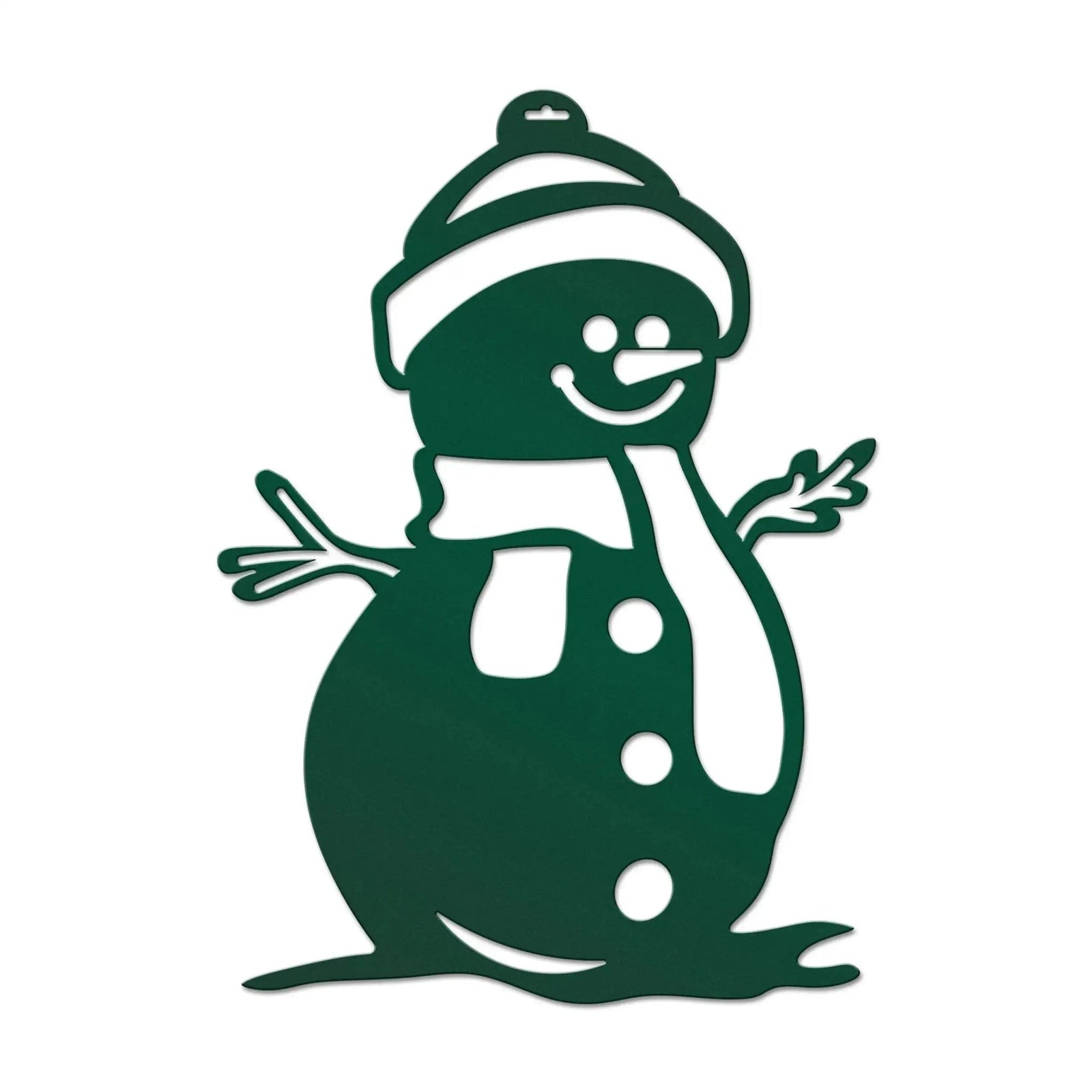 Green snowman with white hat and scarf on white background, personalized holiday décor sample, festive winter wall or door sign, custom seasonal decoration