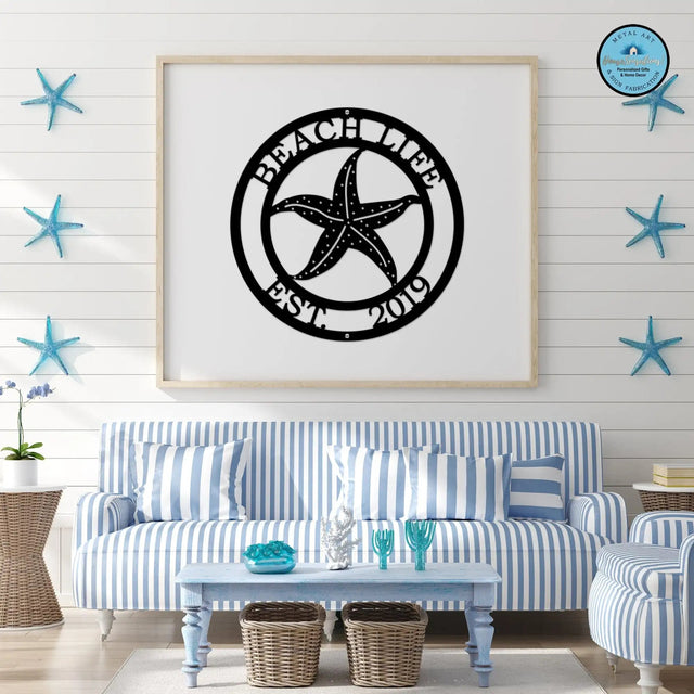 Black custom laser cut metal beach sign with starfish and “BEACH LIFE EST 2019” text, beach-themed room accent.