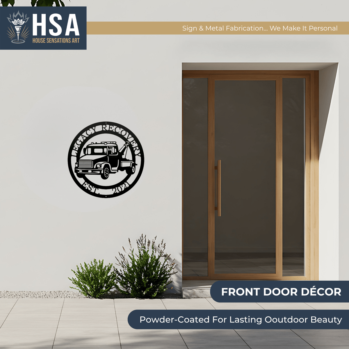 Decorative metal sign featuring a truck design mounted on a wall next to a door, with “HSA” branding, showcasing rugged style and durable metal craftsmanship.