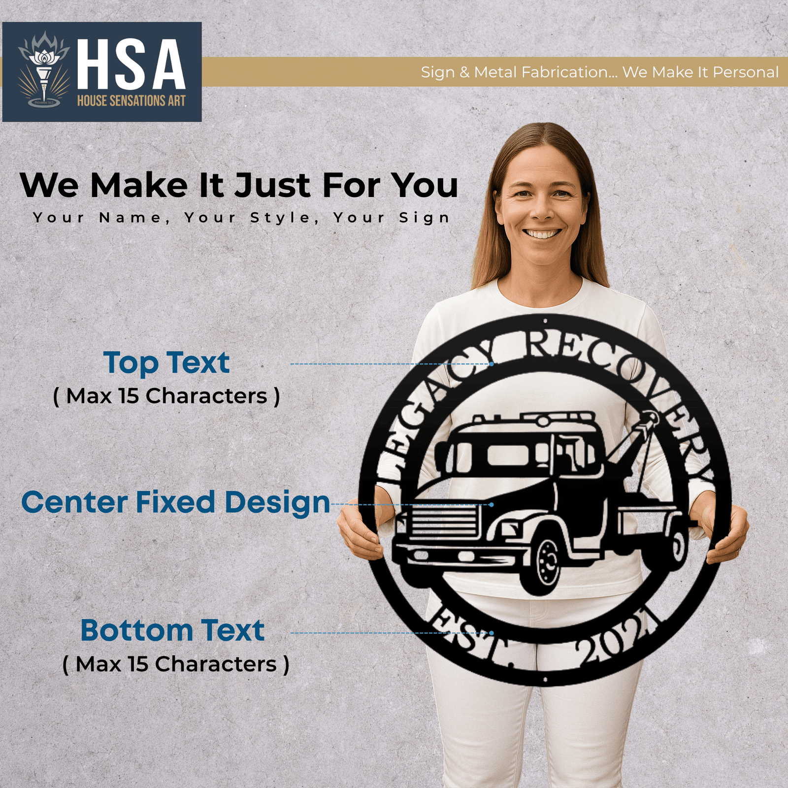 Woman holding a metal sign featuring the “Legacy Recovery” design against a gray background, showcasing durable craftsmanship and detailed decorative branding.