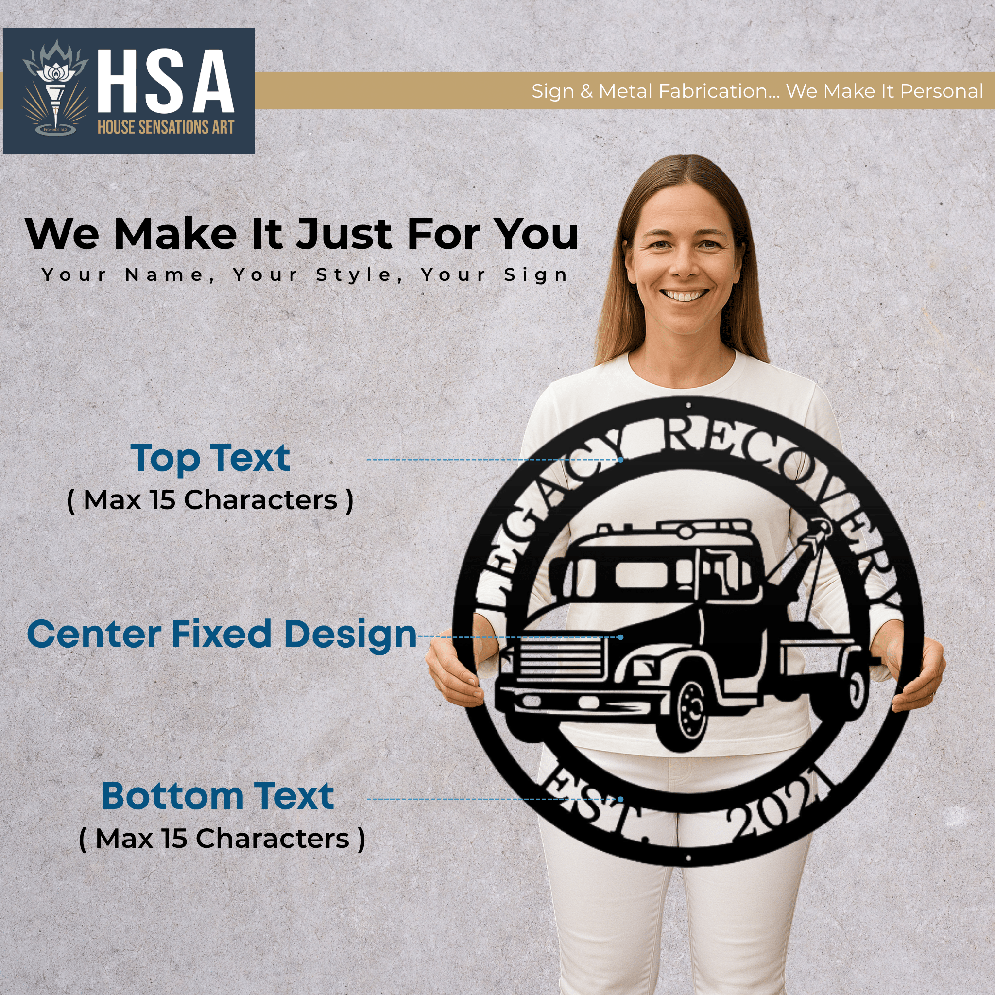 Woman holding a metal sign featuring the “Legacy Recovery” design against a gray background, showcasing durable craftsmanship and detailed decorative branding.
