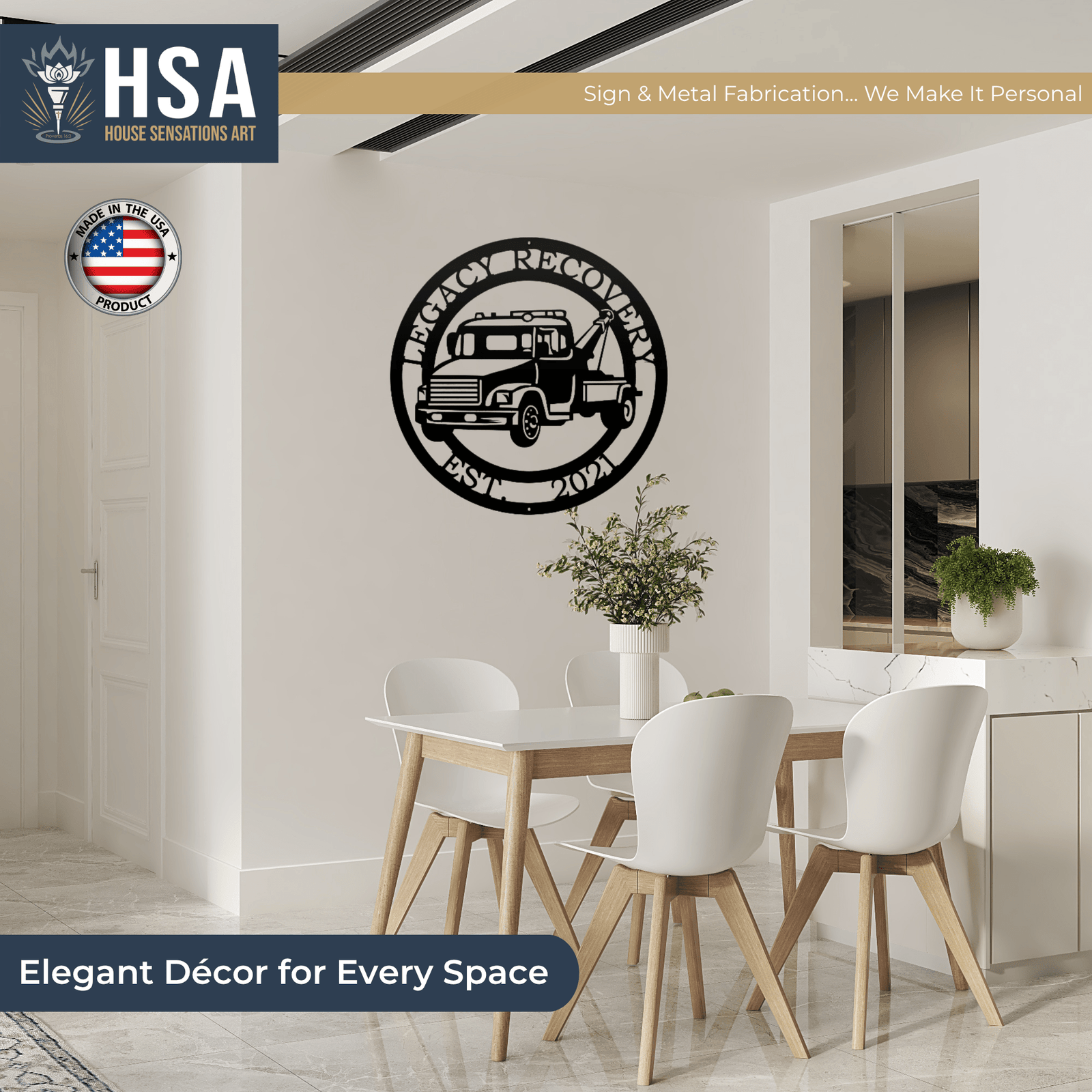 Dining room featuring a metal wall art piece of a fire truck with “HSA House Sensations Art” branding, displayed as a bold, industrial-style décor element in a warm and inviting space.