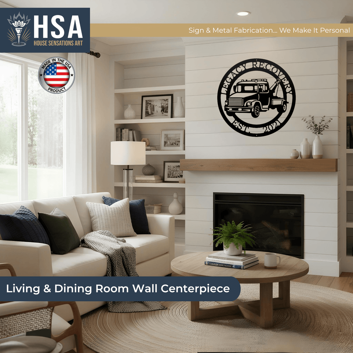 Living room featuring a wall-mounted metal art piece with “HSA” branding, styled with modern décor and a warm, inviting atmosphere.